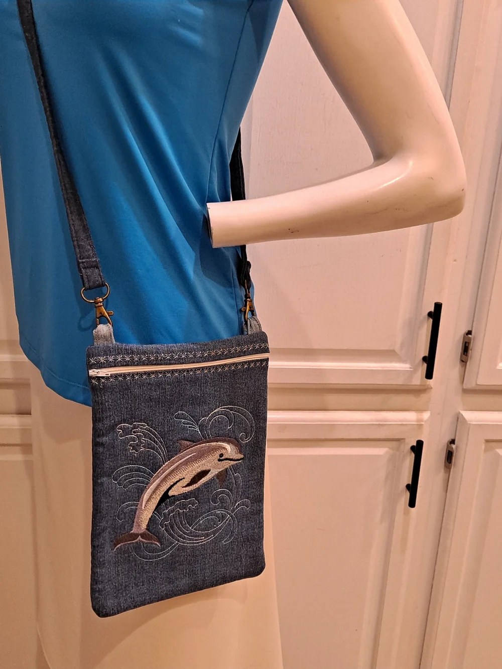 Artisan Handmade Upcycled Denim Dolphin Embroidered Crossbody Bag - Blue